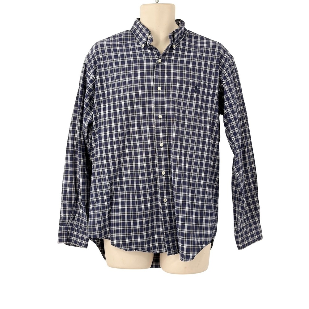 Ralph Lauren Moore Mens Long Sleeve Button Down Shirt Navy Blue White Plaid M
